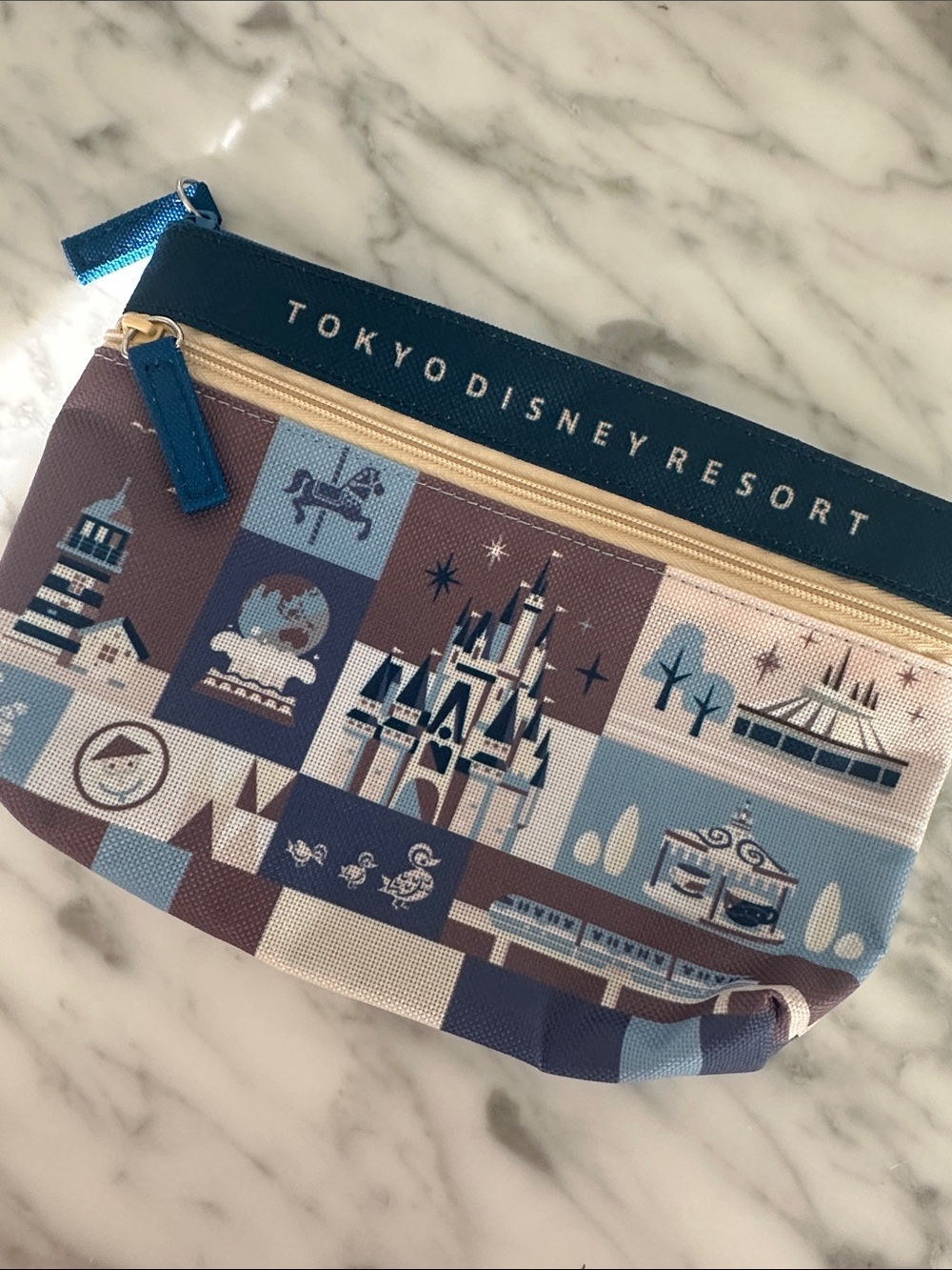 Tokyo Disney Resort Patterned Pouch in Blue and Cream
